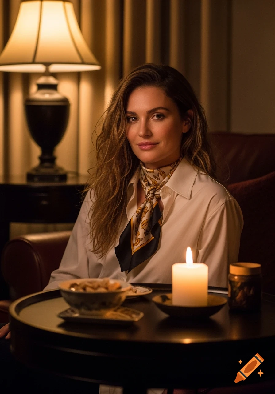 A woman with wavy hair in a white shirt and silk scarf sits at a dimly lit table with a candle and snacks, in a cozy indoor setting.