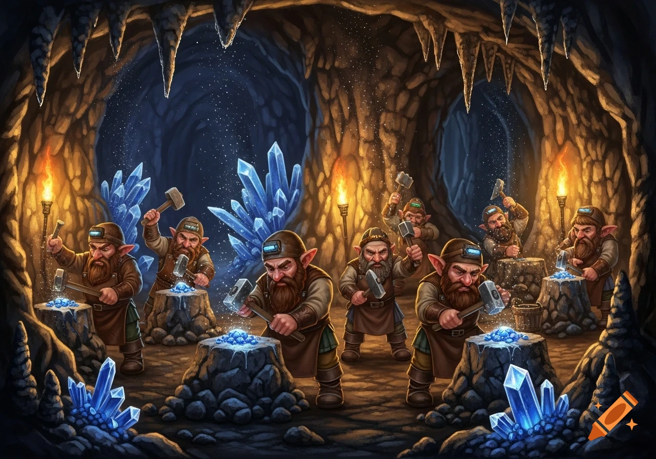 Seven bearded dwarves with hammers mine glowing blue crystals in a dark cavern with stalactites and torches.