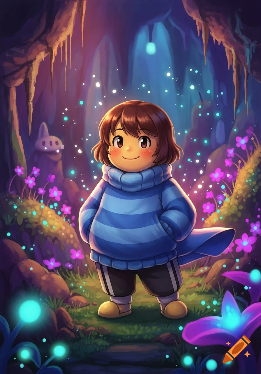 A cute, chubby, brown-haired character in a blue striped sweater stands smiling in a glowing magical fantasy cave with flowers.