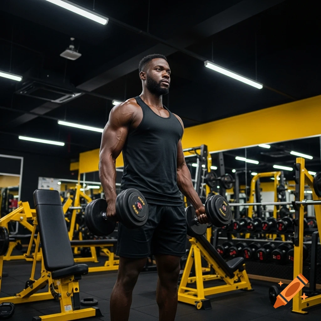 A muscled Black man in a black tank top and shorts stands in a modern gym, holding dumbbells.
