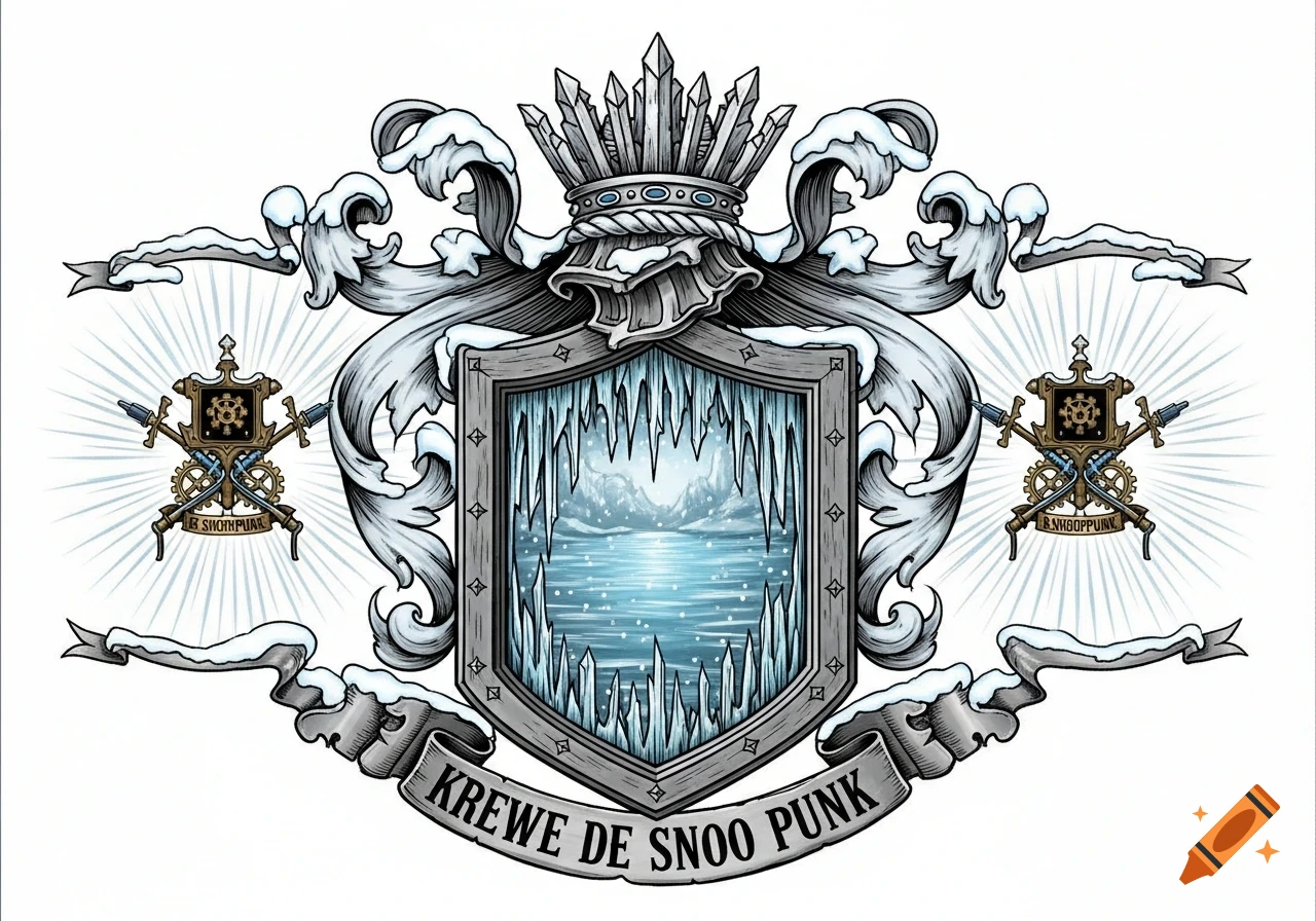 An elaborate winter-themed coat of arms with a central shield featuring a frozen lake and icicles, topped by a crown of ice. Snow-dusted flourishes frame the shield, and a banner below reads "KREWE DE SNOO PUNK." Two smaller steampunk-style emblems flank the main crest.