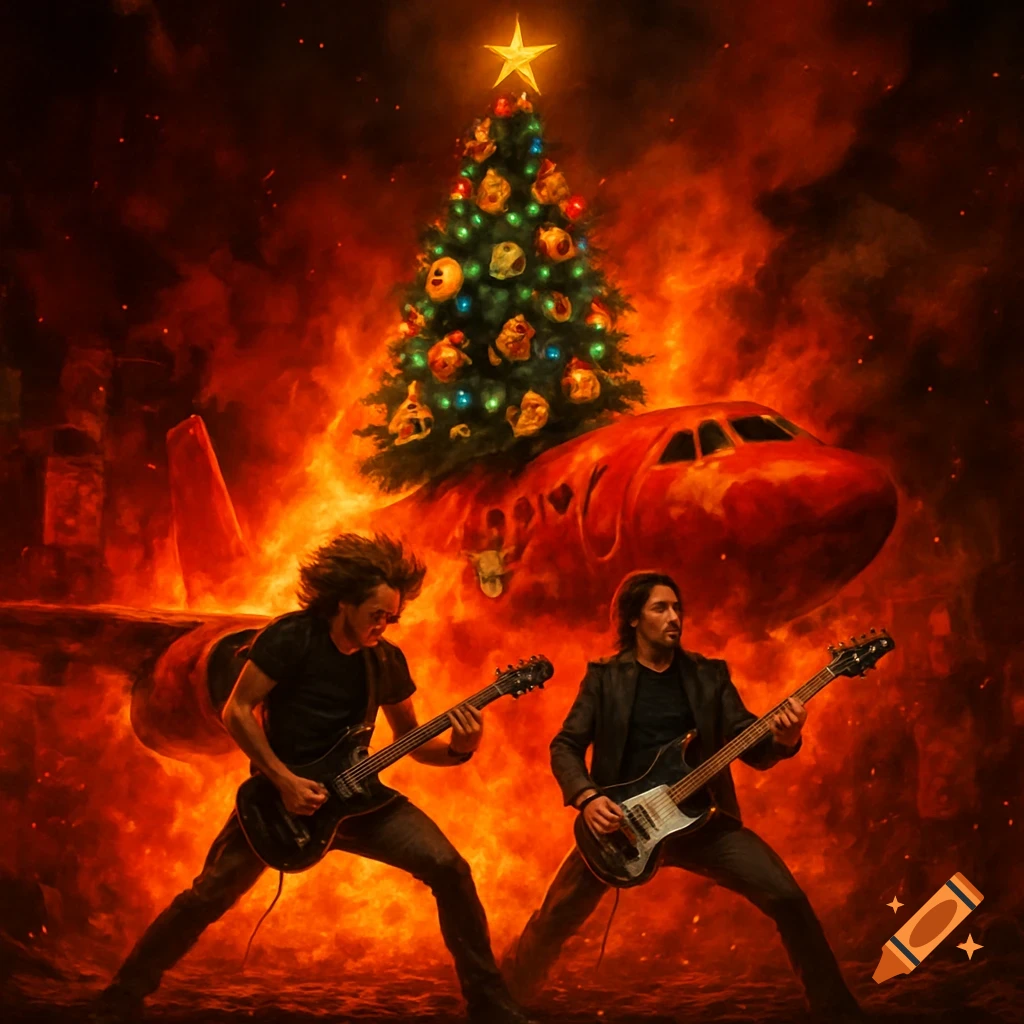 Two rock guitarists play in front of a burning red airplane topped with a Christmas tree, against a fiery, smoke-filled background.