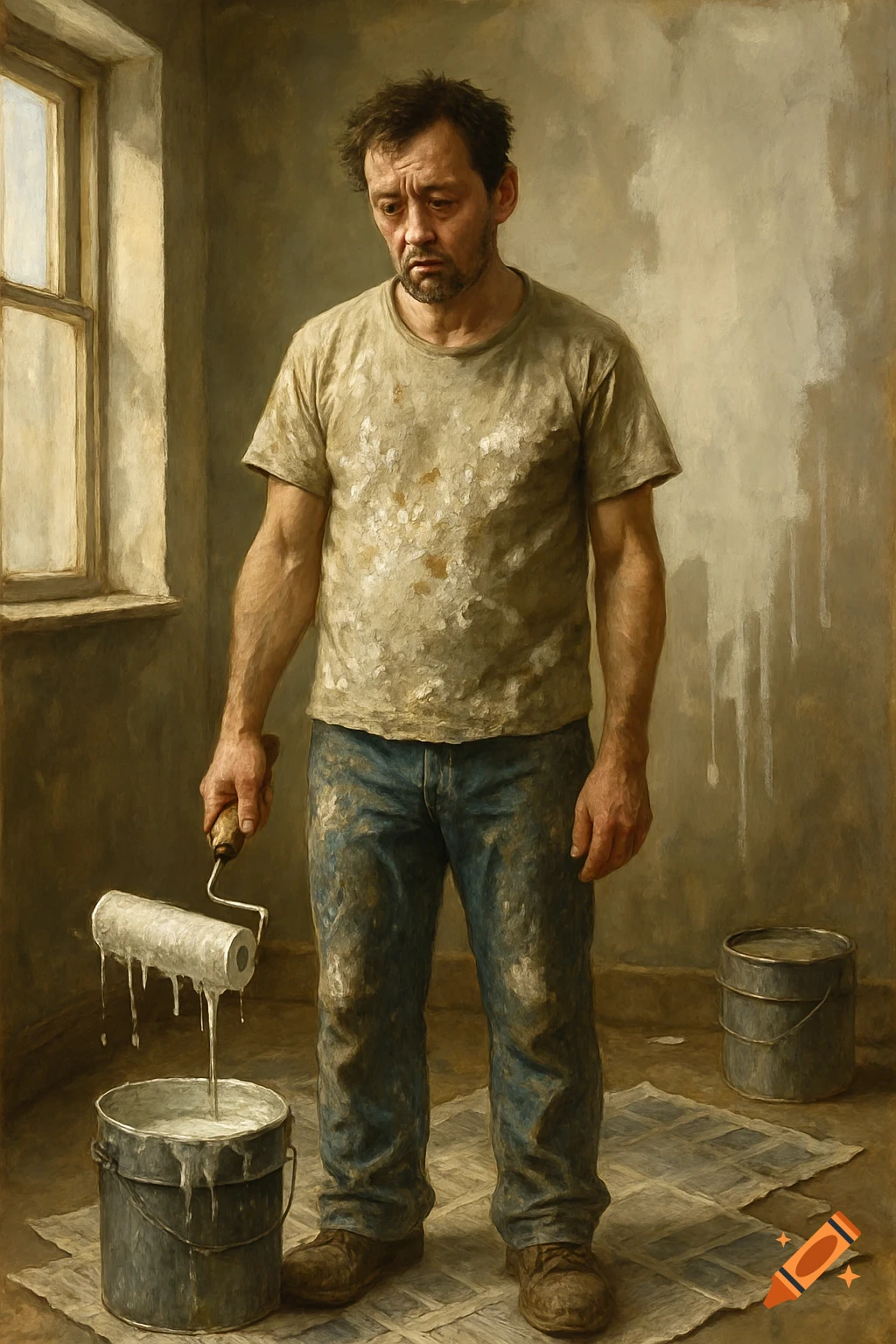 A tired, paint-splattered man holds a dripping roller over a bucket in a room with a window, in a realistic painting.
