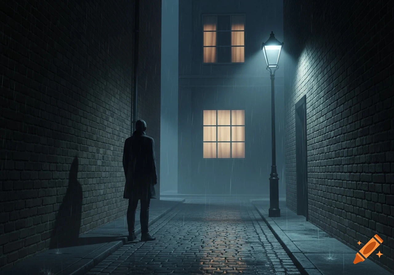A lone figure stands in a dark, rainy alley at night, lit by a streetlamp and glowing windows.
