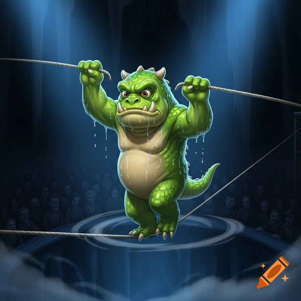 A sweating green monster with tusks balances precariously on a tightrope above a dark audience.