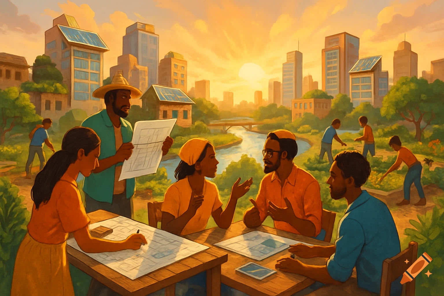 An illustration shows a diverse group of people discussing urban planning with blueprints at sunset, a green city with solar panels in the background.