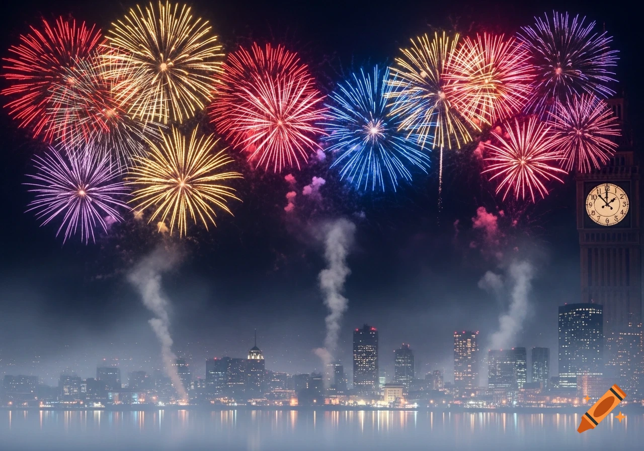 Colorful fireworks explode over a hazy city skyline and water at night ...