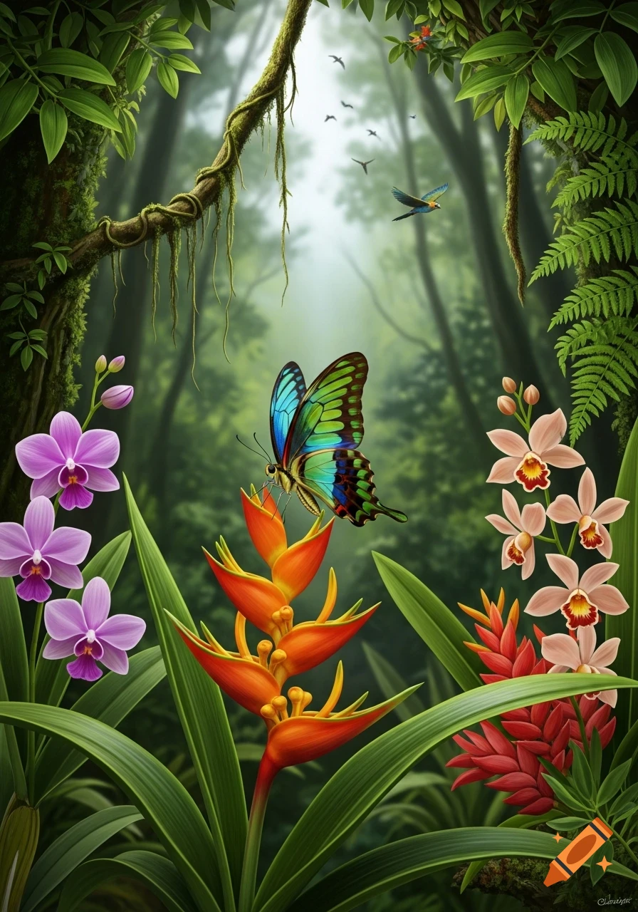 Vibrant illustration of a butterfly on a tropical flower surrounded by purple orchids and lush jungle foliage.