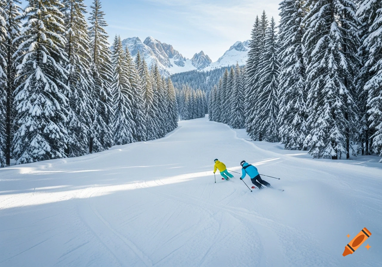 Two skiers in yellow and blue jackets descend a pristine snowy piste, flanked by snow-laden pine trees with majestic mountains in the distance under a clear sky.