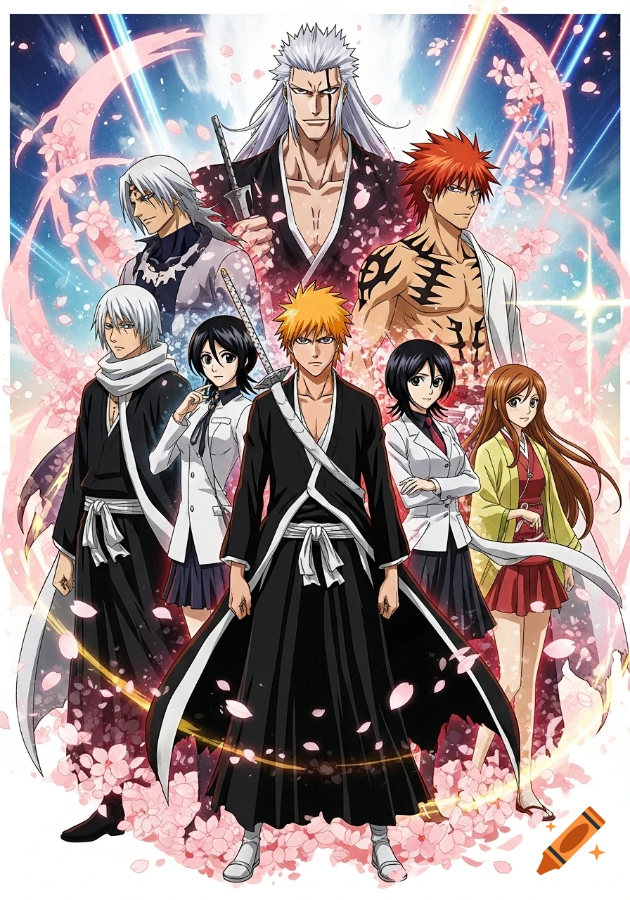 Anime group portrait of six Bleach characters, including Ichigo, Rukia, Uryu, and Orihime, surrounded by pink cherry blossoms and light trails.