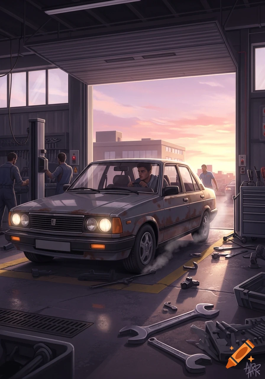 Amir drives a rusty car into a bustling mechanic's garage at sunset, with tools scattered on the floor.
