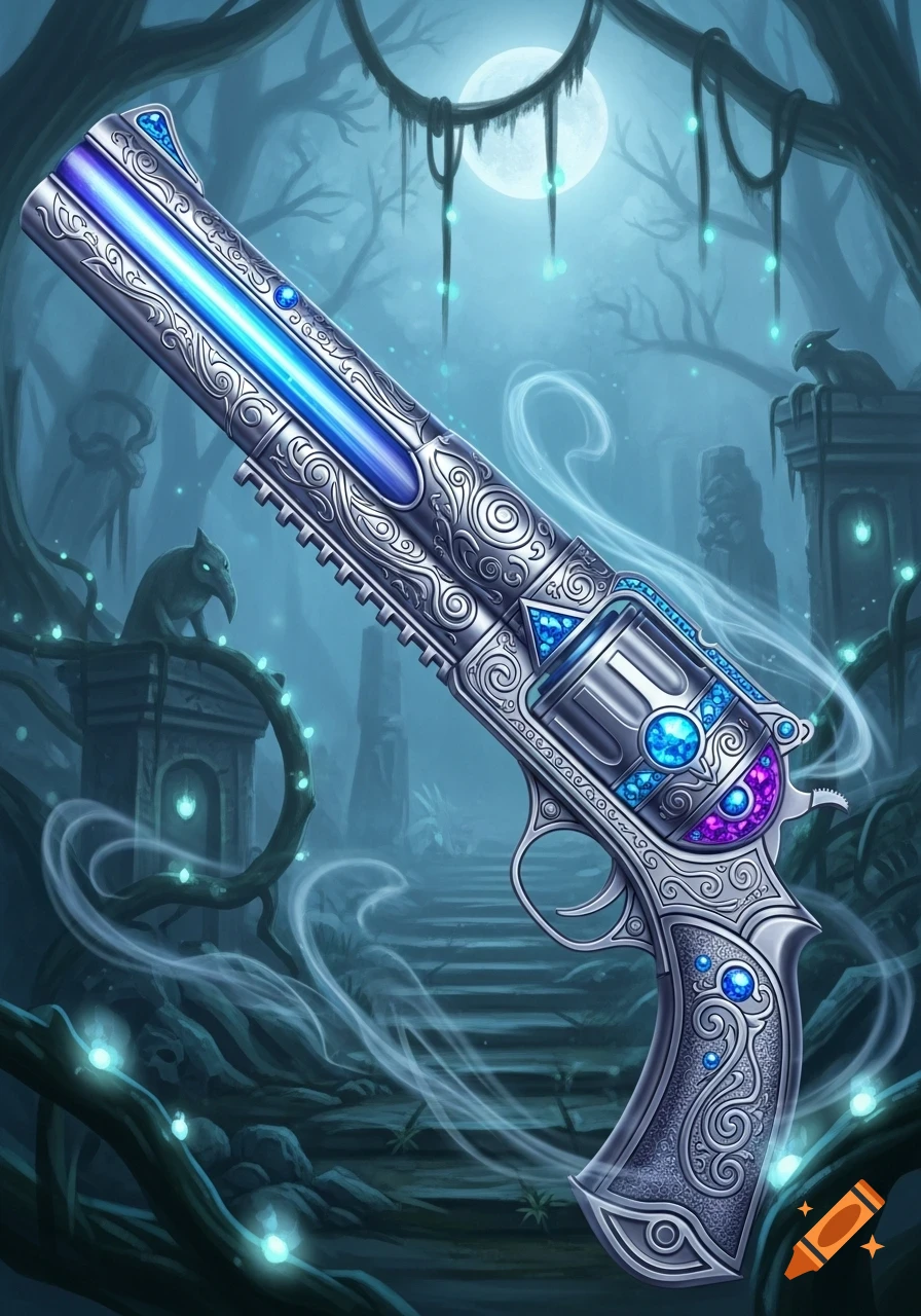 An ornate, silver magic gun with glowing blue accents and intricate patterns, set in a dark, mystical forest with a full moon.