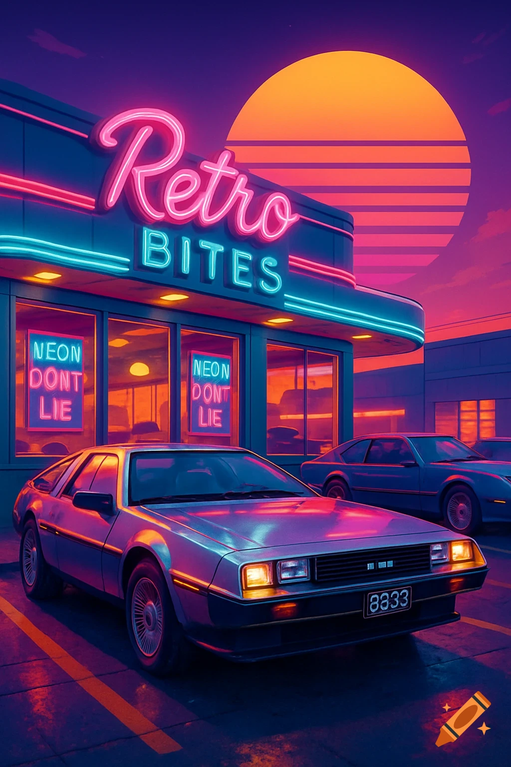 Synthwave style depiction of a DeLorean and other 80s cars parked outside a neon-lit diner with a striped sun in the background.
