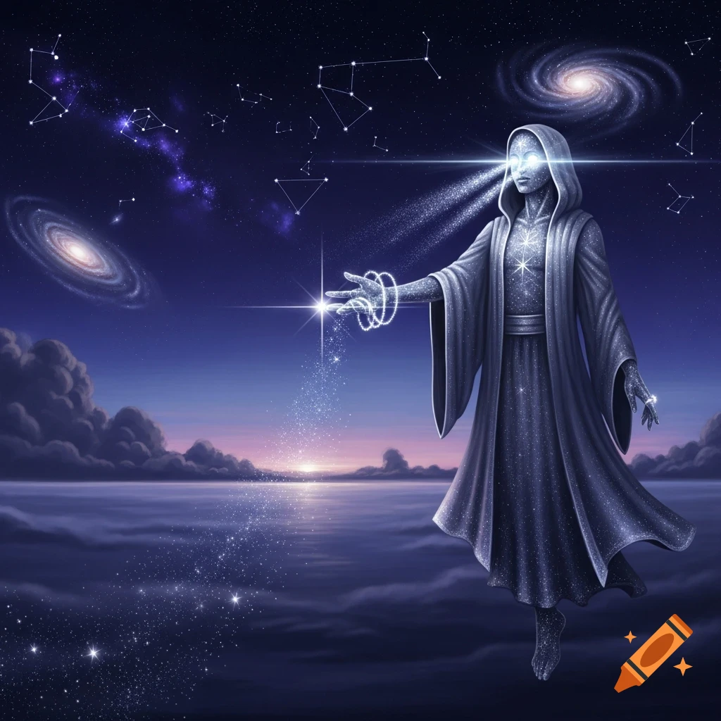 A shimmering, hooded figure made of stars floats in a cosmic sky, surrounded by galaxies and constellations, with starlight emanating from its eyes and hands.