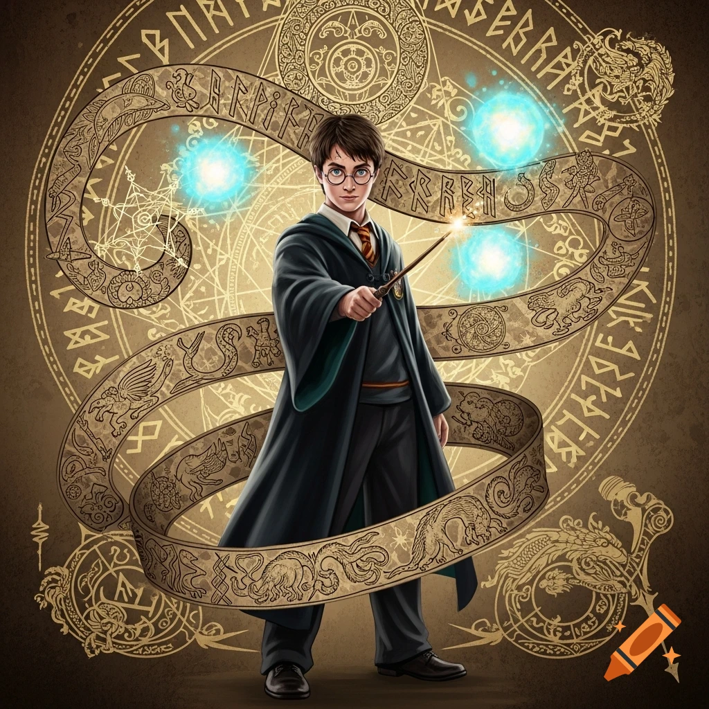Harry Potter casts a glowing blue spell with his wand, surrounded by swirling decorative ribbons and mystical runes.