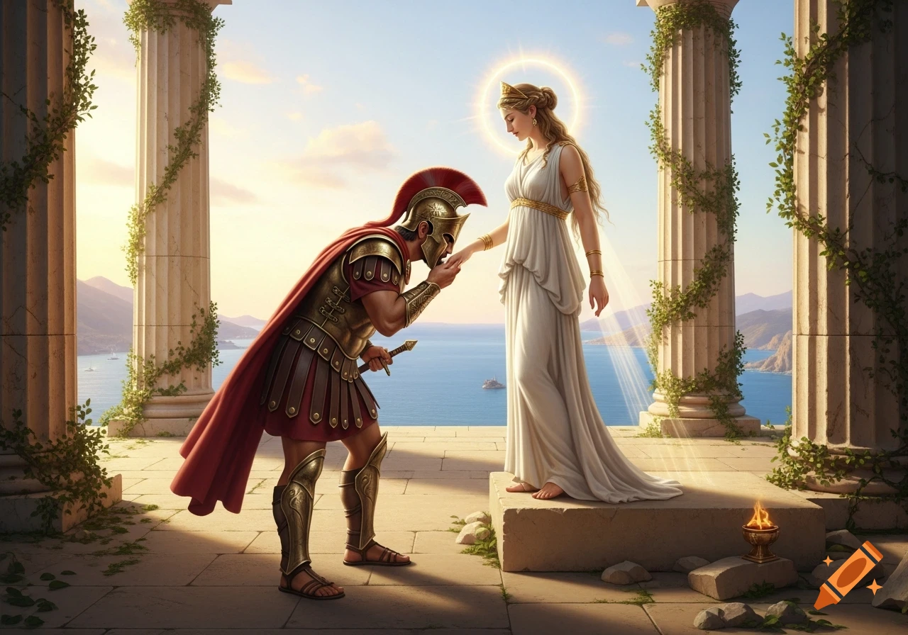 A Roman-style soldier kneels and kisses the hand of a goddess with a halo, on a temple balcony overlooking the sea.