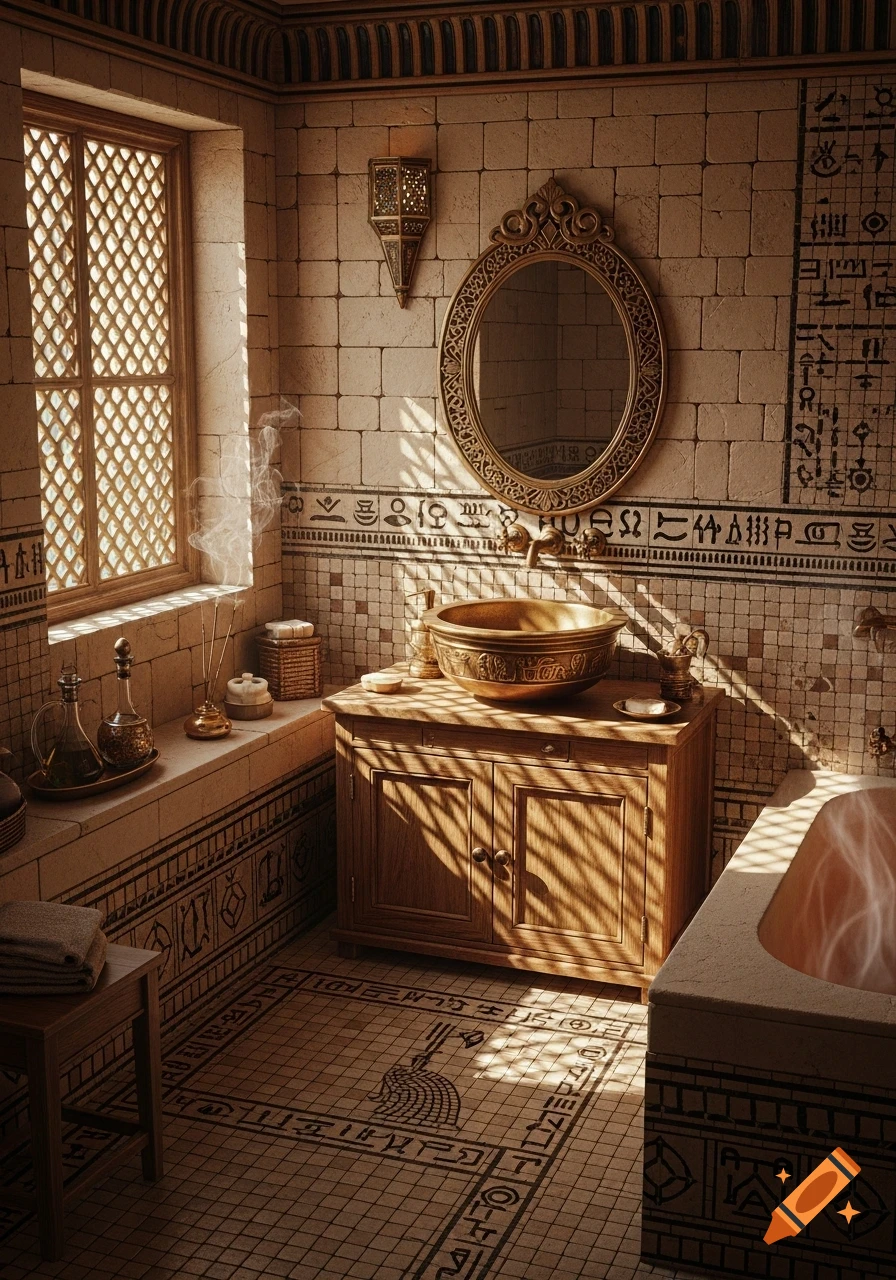 Ornate Egyptian-style bathroom with a copper basin, decorative mirror, lattice window, and tiled walls under warm sunlight.