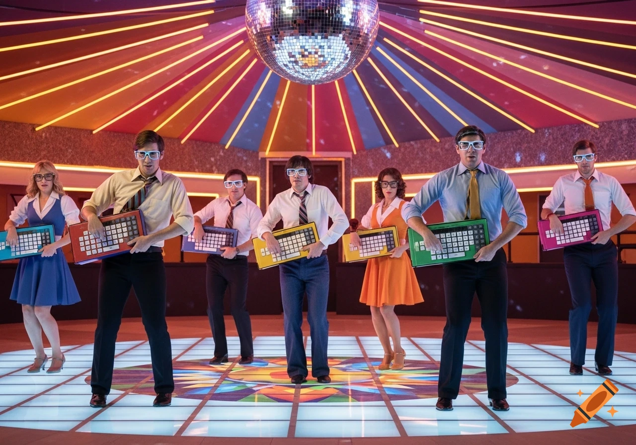 A group of six people in retro clothing and white glasses dance on a light-up disco floor, holding colorful stylized keyboards.