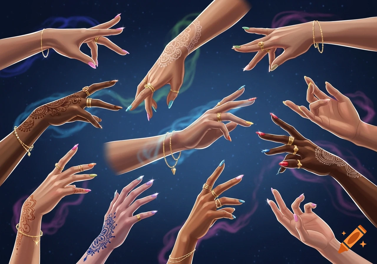 Multiple hands with various skin tones, adorned with colorful nail polish, golden rings, bracelets, and intricate henna or tattoo designs, against a dark, smoky blue-purple background.