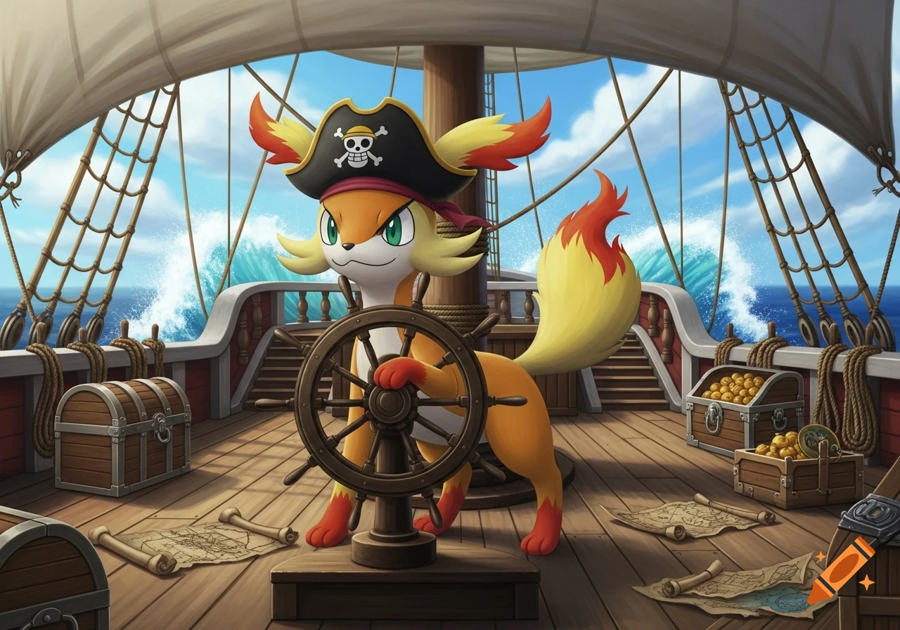 A Fennekin-like Pokémon wearing a pirate hat with a skull and crossbones symbol, steering a ship's wheel on a wooden deck with treasure chests and maps, on a wavy blue sea under a partly cloudy sky. Digital art.