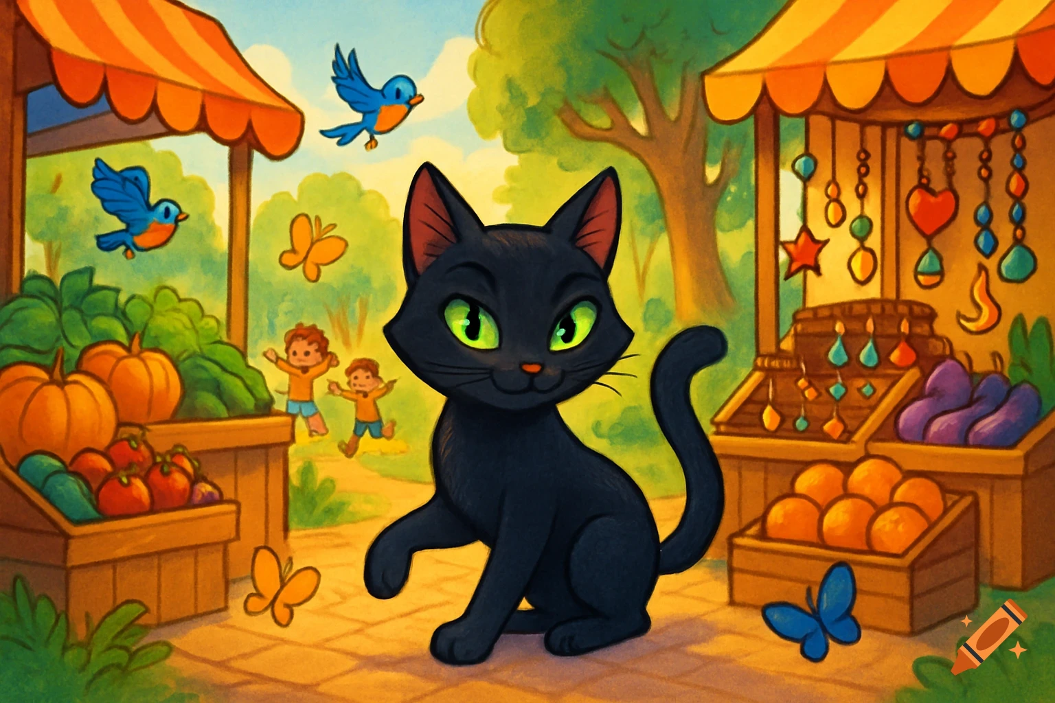 A charming black cat with green eyes sits in a colorful cartoon marketplace with stalls, children playing, birds, and butterflies.