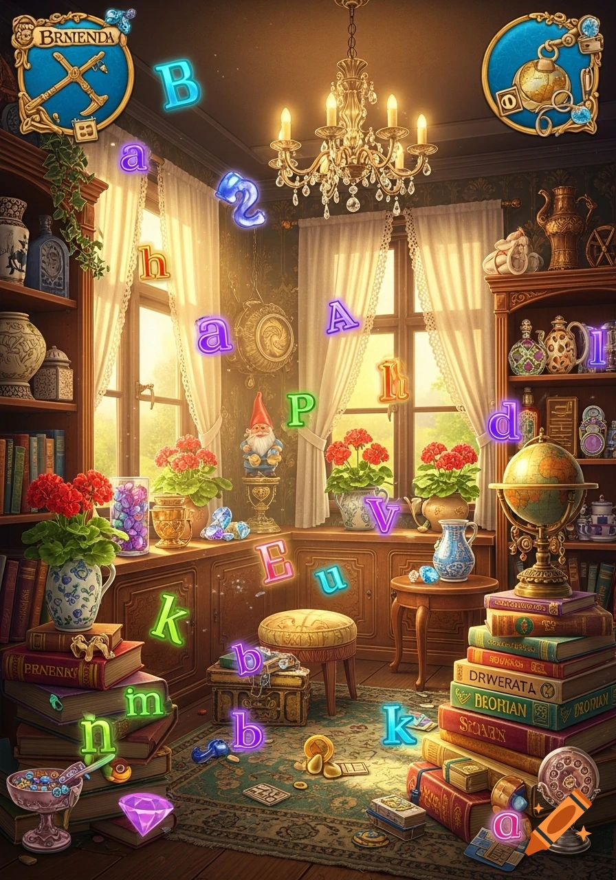A detailed, stylized room filled with various objects, including bookshelves, plants, a globe, and furniture. Glowing letters and numbers float in the air, creating a hidden object game aesthetic.