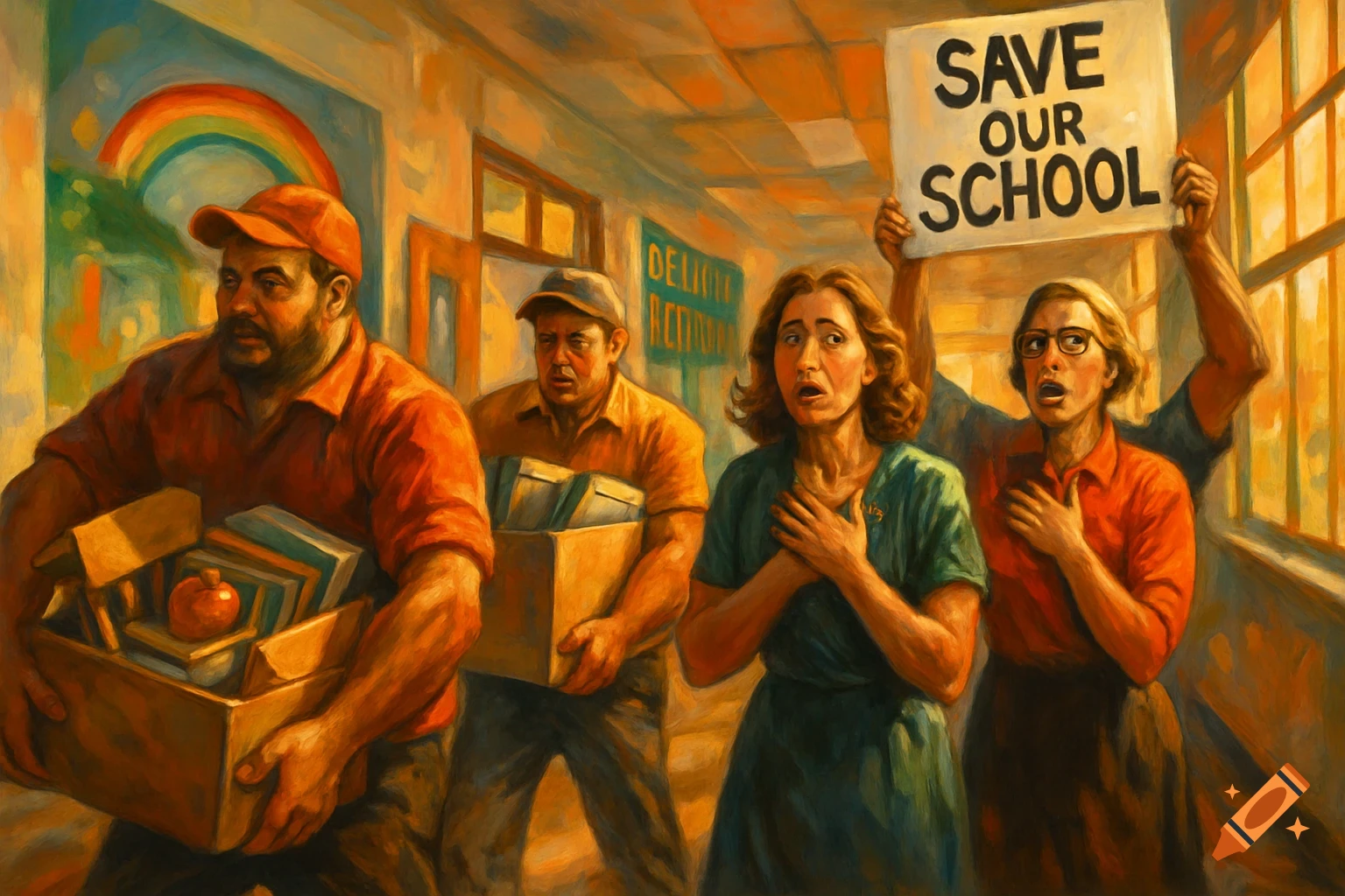 Two men carry boxes of books and school supplies out of a school while two women look distressed and another person holds a "SAVE OUR SCHOOL" protest sign, painted in a social realism style.