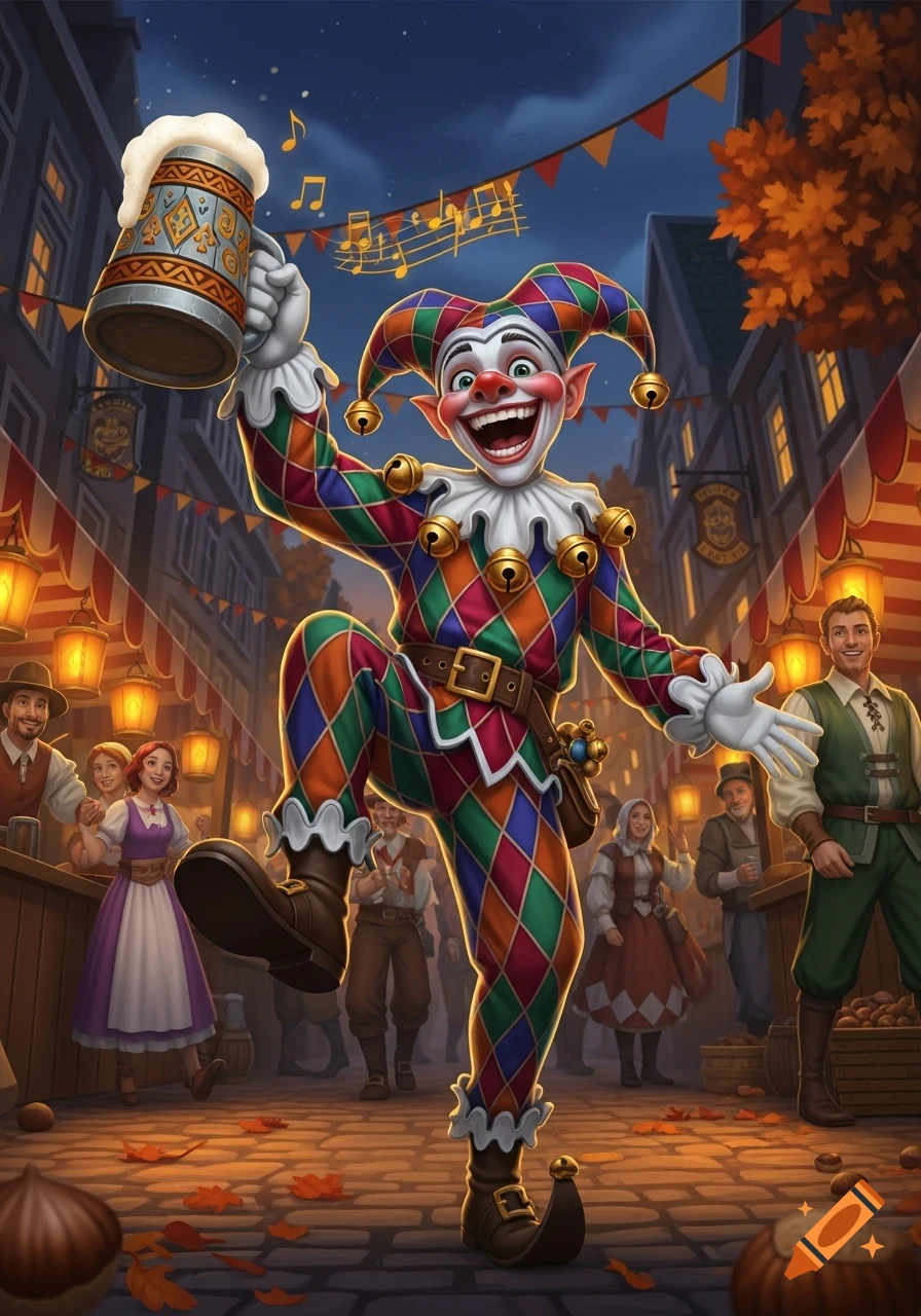 A joyful jester in a colorful harlequin suit dances in a bustling market street at night, holding up a frothy beer mug.