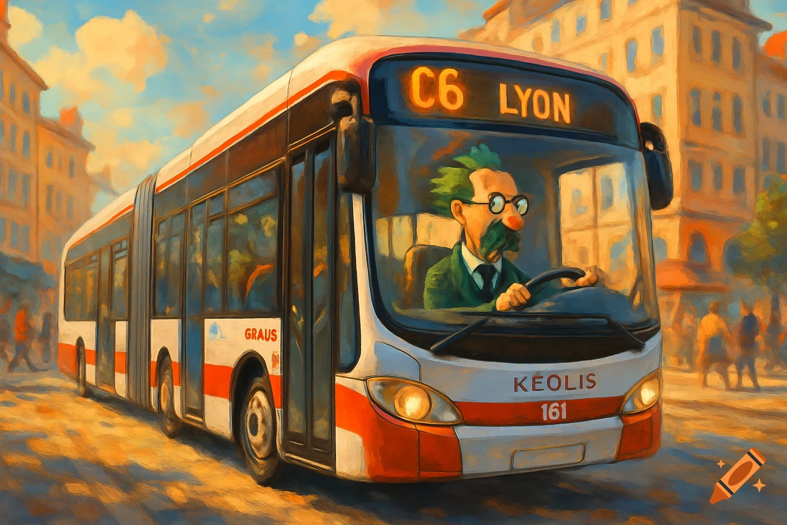 A painterly image of a white and red articulated bus with 'C6 LYON' on the front, driven by Professor Tournesol, on a city street.