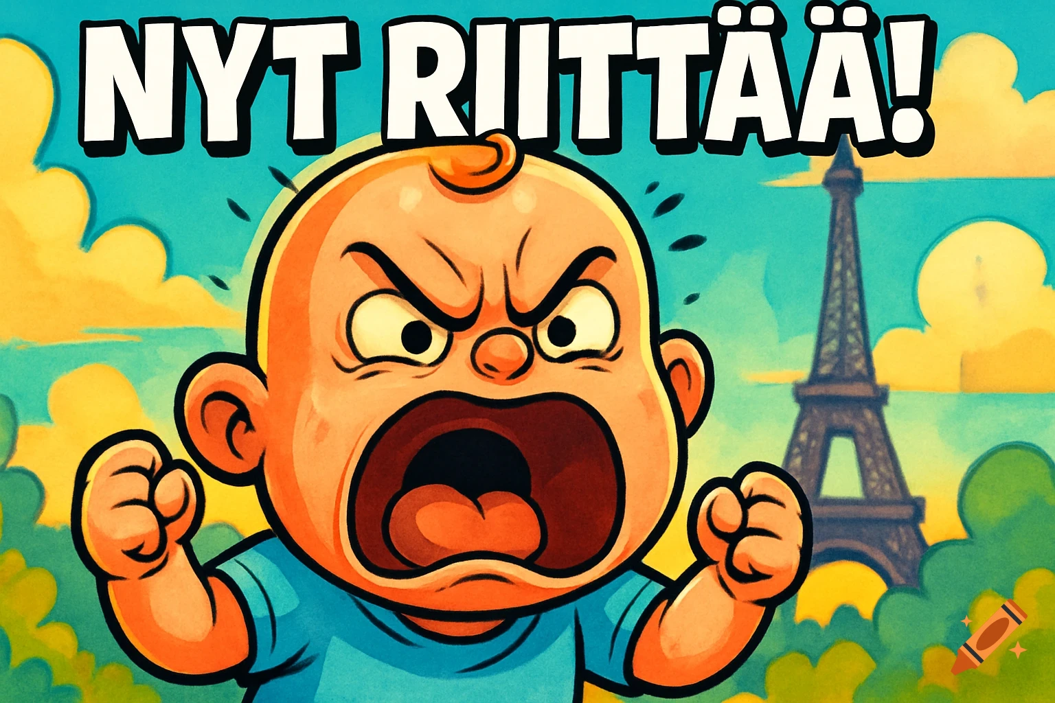 Cartoon meme of an angry baby shouting with 'NYT RIITTÄÄ!' text, Eiffel Tower in background.