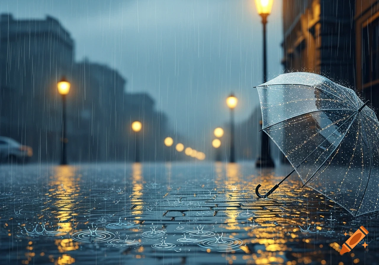 A clear umbrella rests on a wet, reflective city street at night, illuminated by glowing streetlights and falling raindrops.
