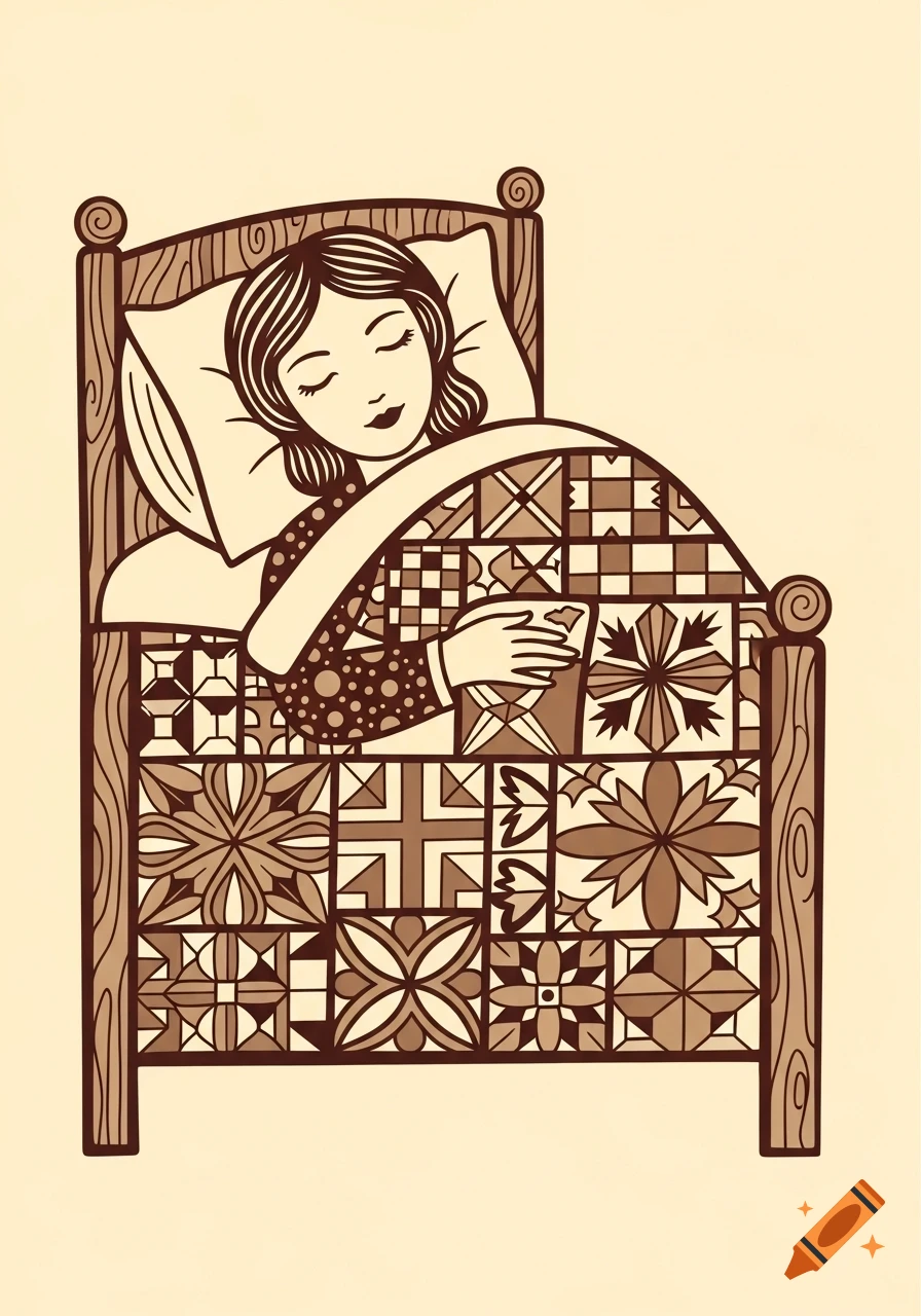 Vintage folk-art illustration of a woman sleeping peacefully in a patchwork wooden bed with geometric patterns.