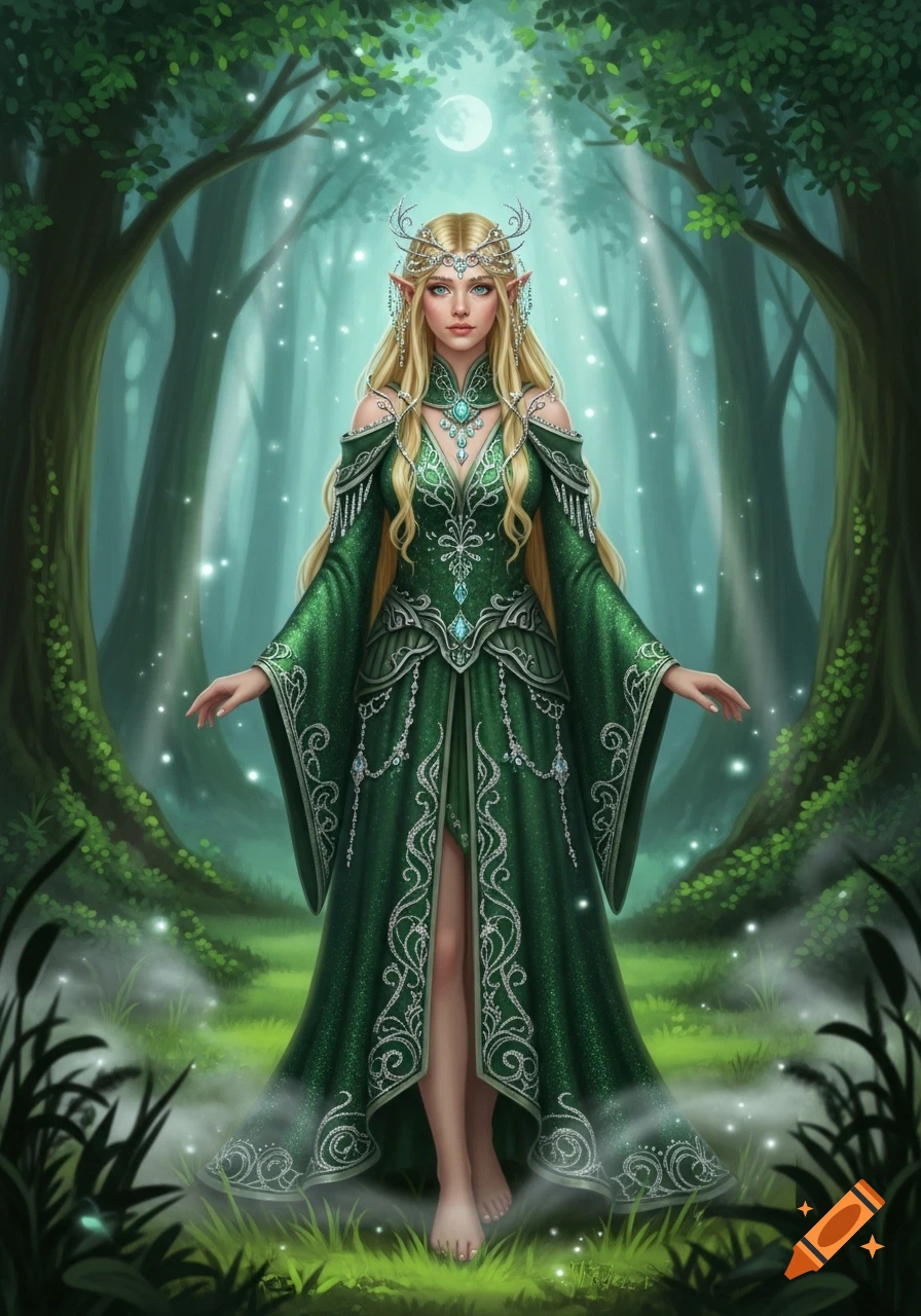 A blonde elf woman in an ornate green gown stands barefoot in an enchanted forest, glowing with magic under moonlight.