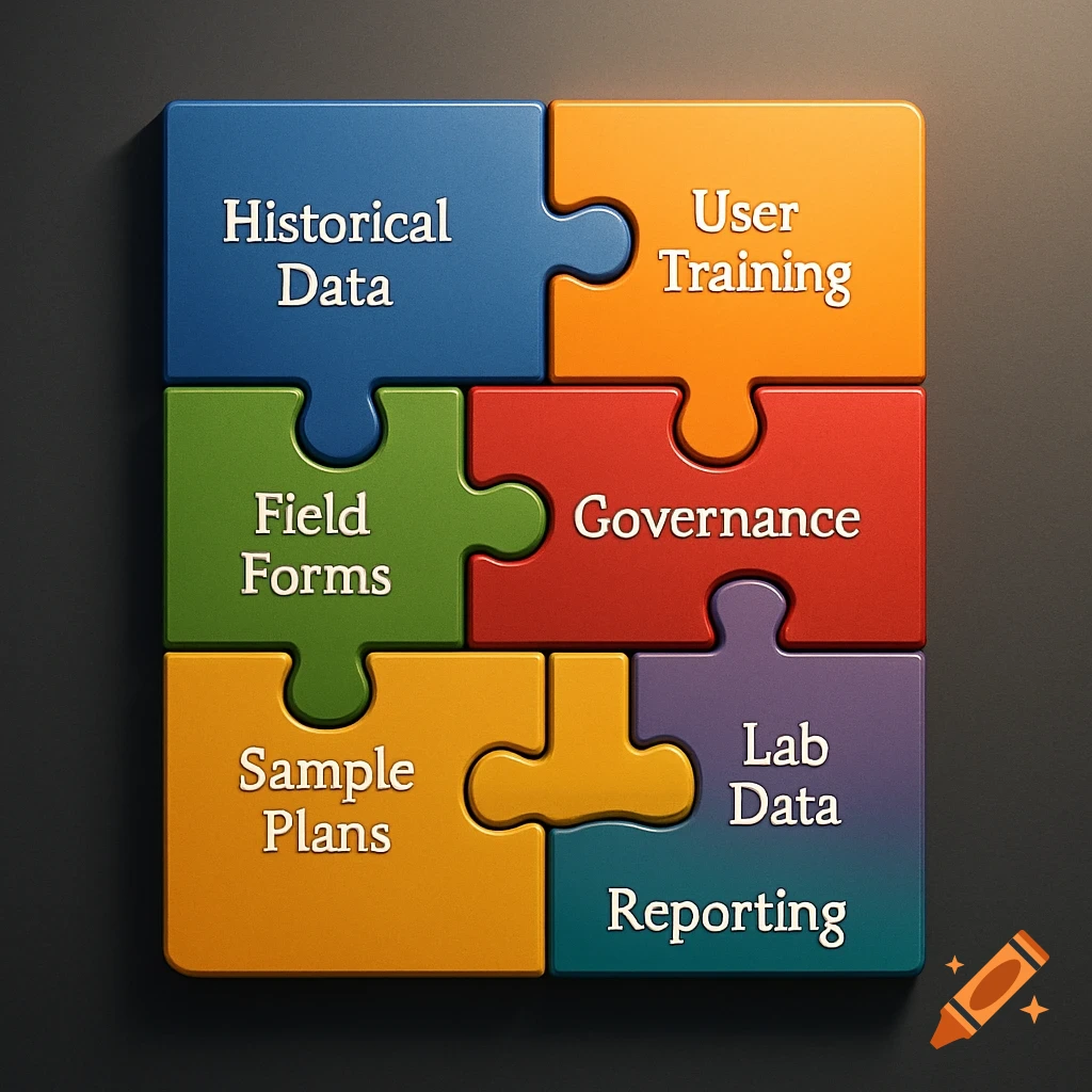Colorful interlocking puzzle pieces labeled with phrases like 'Historical Data', 'User Training', 'Governance', 'Field Forms', 'Sample Plans', 'Lab Data', and 'Reporting' on a dark background.