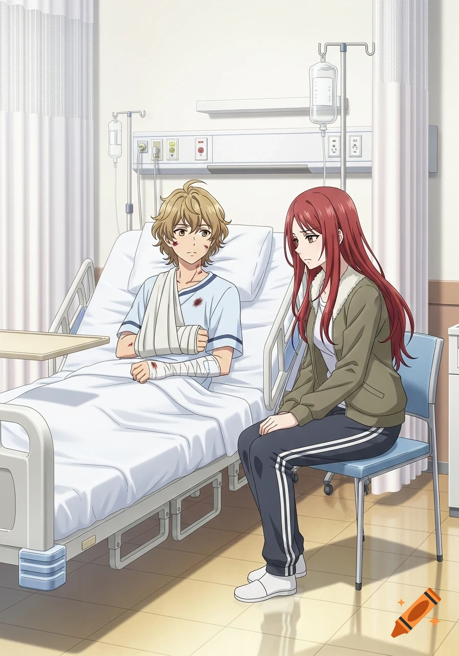 Anime male with arm cast and bruises in a hospital bed, a red-haired woman sits beside him looking concerned.