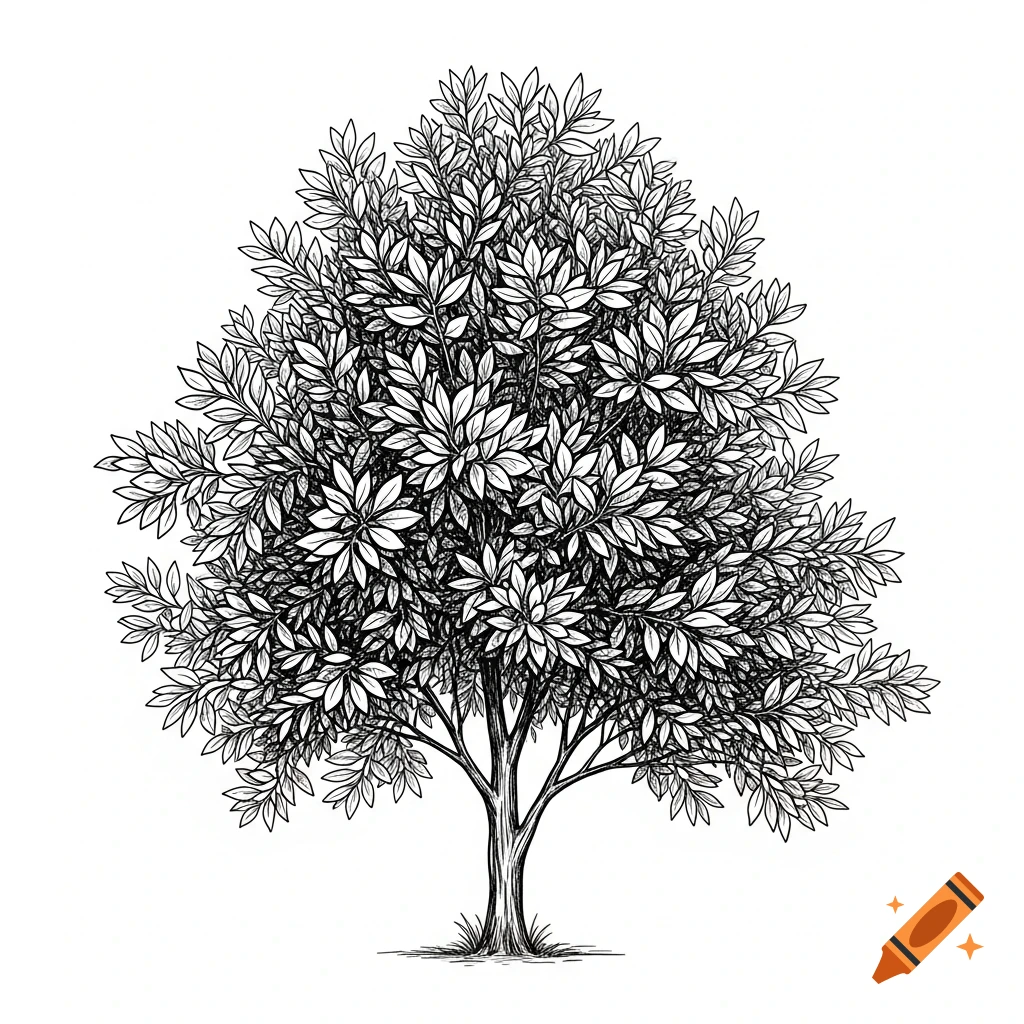 A detailed black and white line drawing of a lush tree with many leaves, in a pencil sketch style, on a white background.