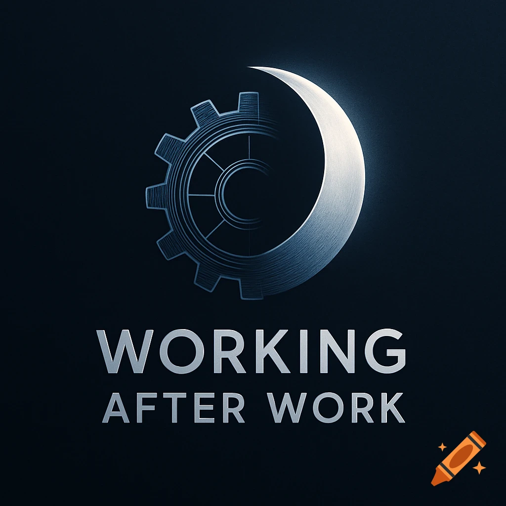 A minimalist logo on a dark background showing a gear merging with a crescent moon, above the text 'WORKING AFTER WORK'.