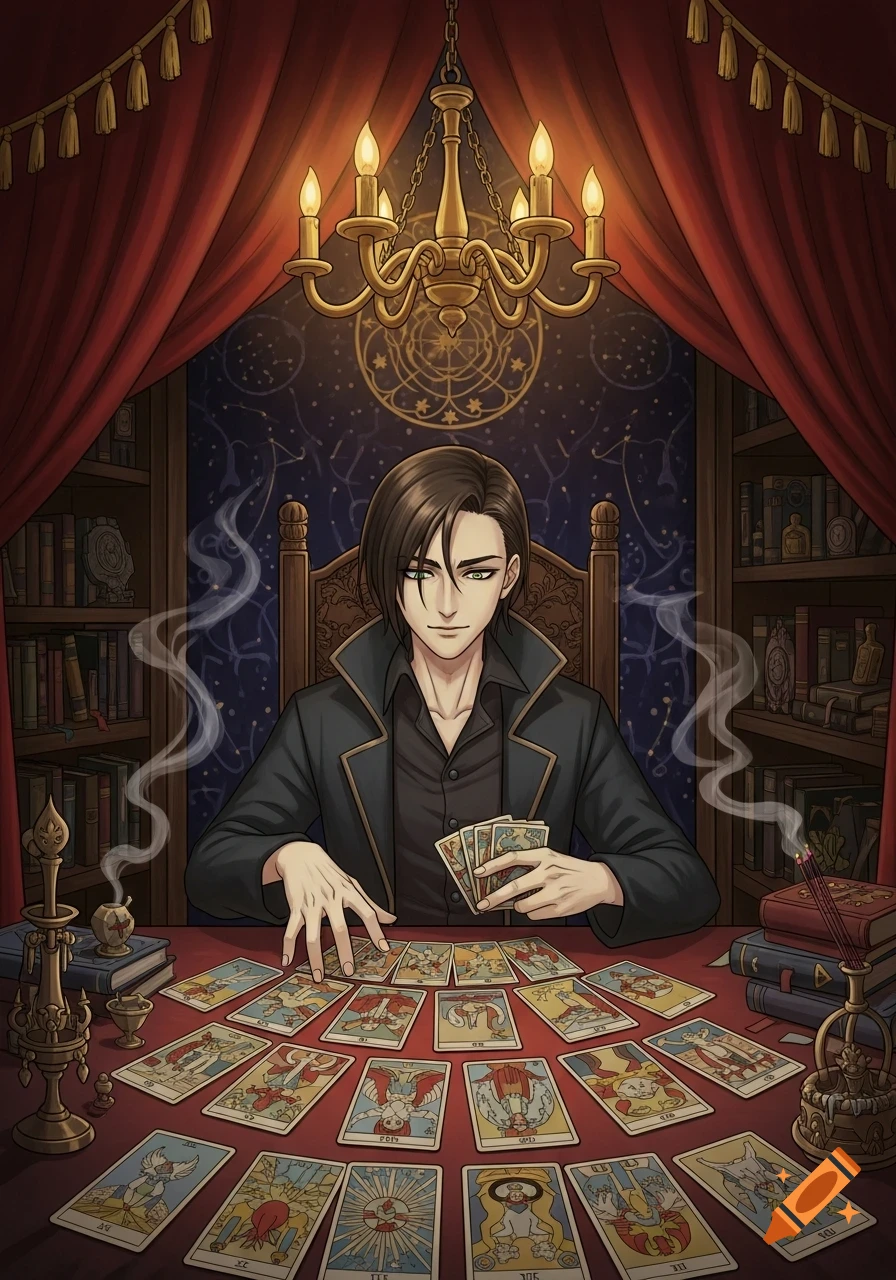 An anime-style man with dark hair and green eyes sits at a red table covered in tarot cards, holding a few cards while looking ahead. Smoke rises from incense, and bookshelves line the mystical room with a chandelier.