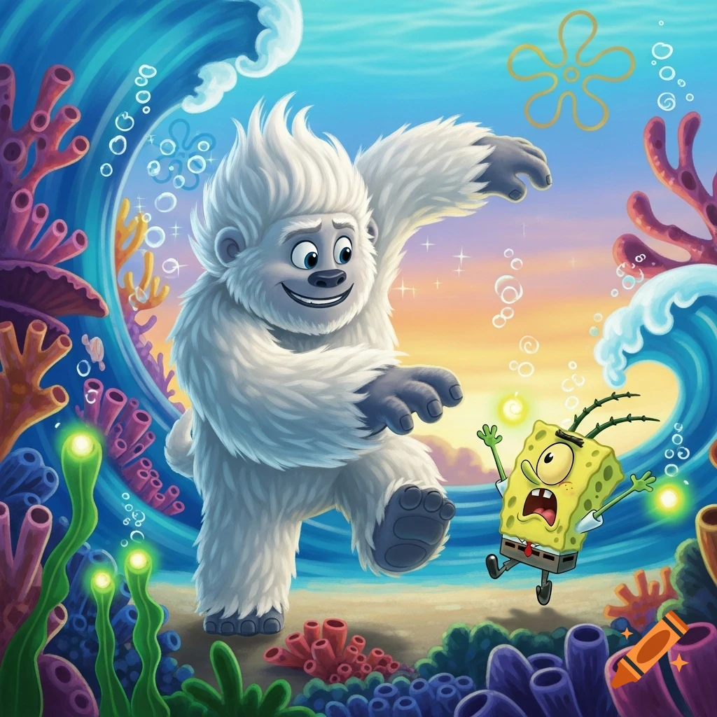 A large white yeti-like creature approaches a small scared green plankton in a vibrant cartoon underwater scene with coral.