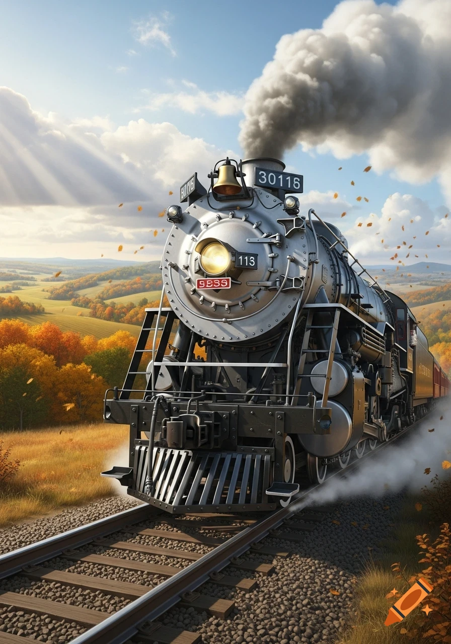 A photorealistic vintage steam locomotive travels through a vibrant autumn landscape under a partly cloudy sky.