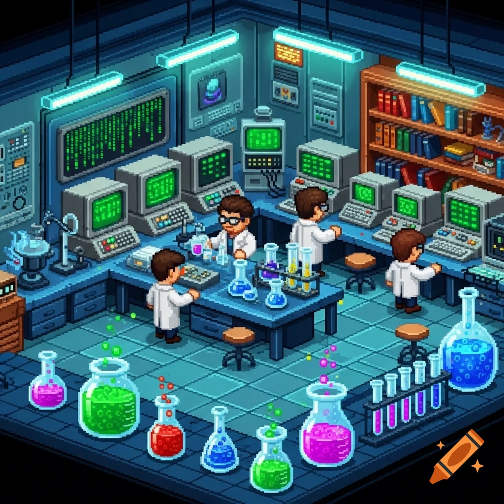 Pixel art isometric view of a vibrant science laboratory with scientists, computers, beakers, and test tubes.