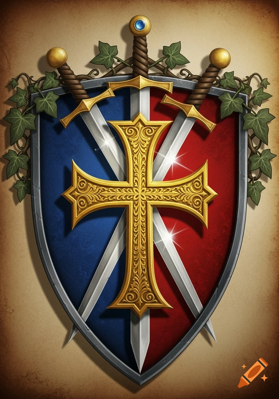An ornate shield, split blue and red, with two crossed swords behind a detailed golden cross and adorned with ivy.