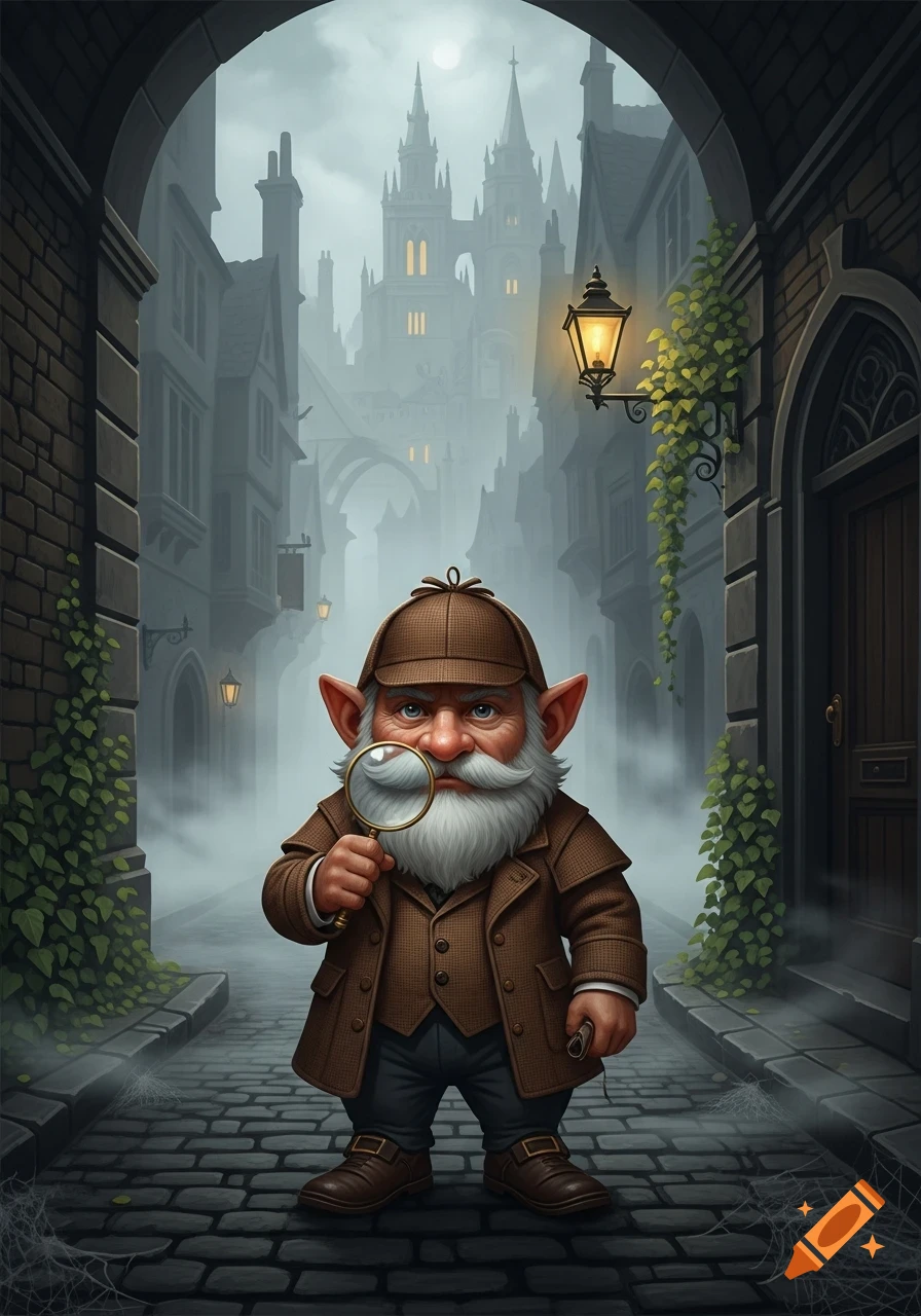 A gnome detective like Sherlock Holmes stands in a foggy cobblestone alley with a magnifying glass, a gothic castle in the distance.