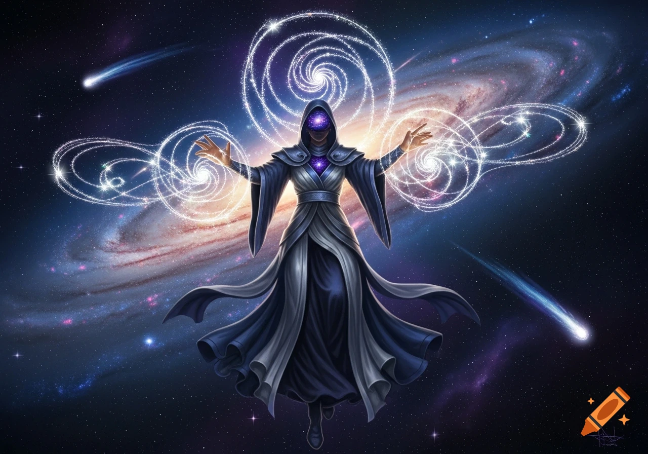A robed mystical figure with glowing eyes and hands conjures swirling light in front of a galaxy and comets in space.