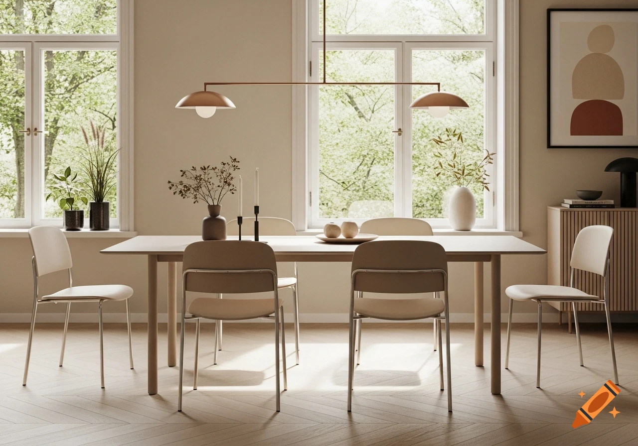 A modern dining room with a wooden table, several chairs, plants, and vases by large sunlit windows, and abstract art.