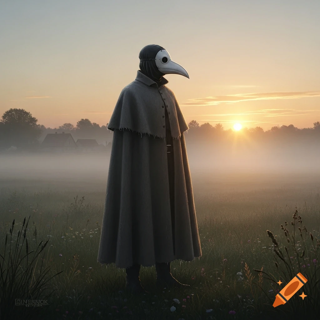 A plague doctor in a long dark cloak and a white bird-beak mask stands in a foggy field at sunrise with a village in the distance.