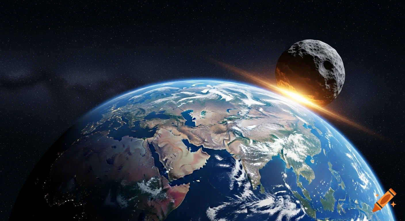A large asteroid with a fiery trail approaches Earth, visible continents include Europe, Asia, and Africa against a starry space background.