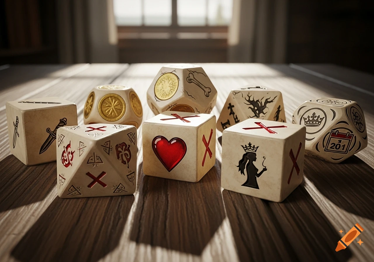 Realistic image of seven textured dice with various symbols including a heart, crown, dagger, bone, and a calendar showing "201", on a wooden table.