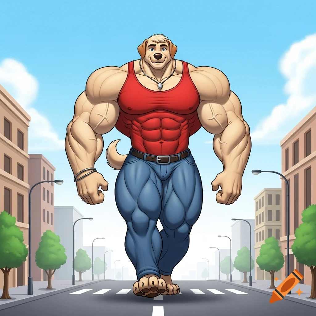 A muscular, anthropomorphic beige labrador in a red tank top and blue jeans walks confidently down a city street in a cartoon style.