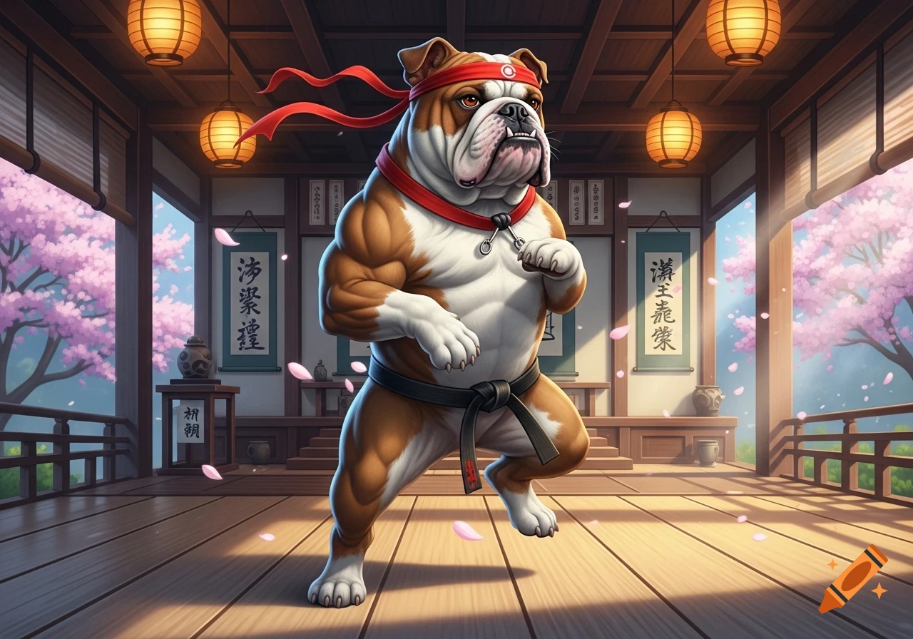 A muscular bulldog wearing a red headband and black karate belt stands in a dojo, with cherry blossoms and lanterns in the background.